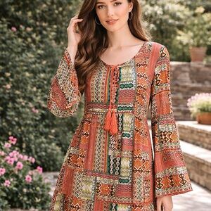 Velzera Boho Patchwork Tunic Dress Bell Sleeve Festival Mini Large Hippie Gypsy